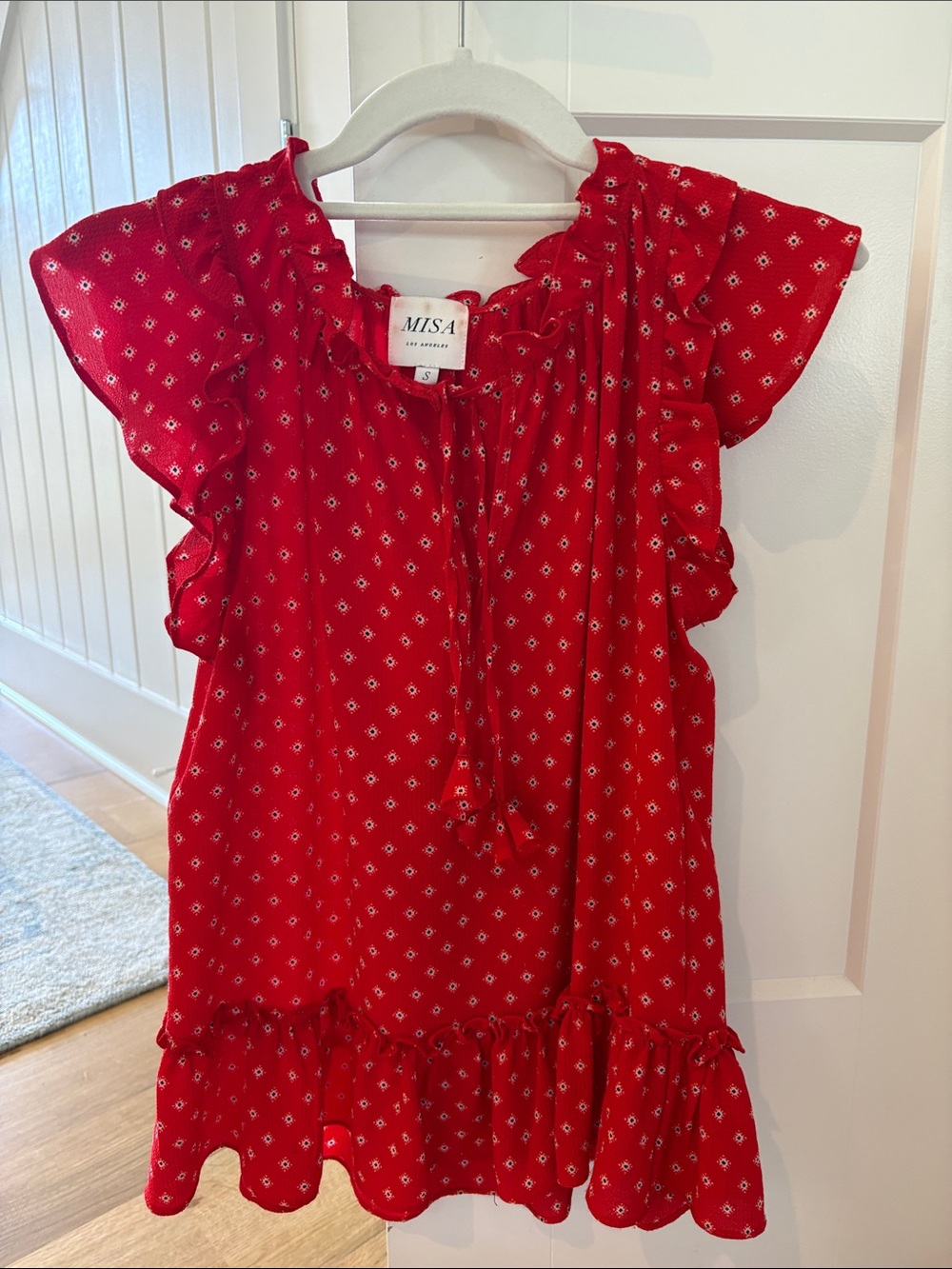 Misa Los Angeles Red Floral Tie-Neck Ruffle Blouse
